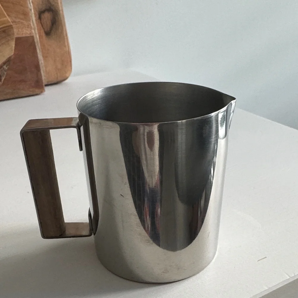 Vintage Stainless Steel Milk Frothing Pitcher with Wooden Teak Handle MCM Danish